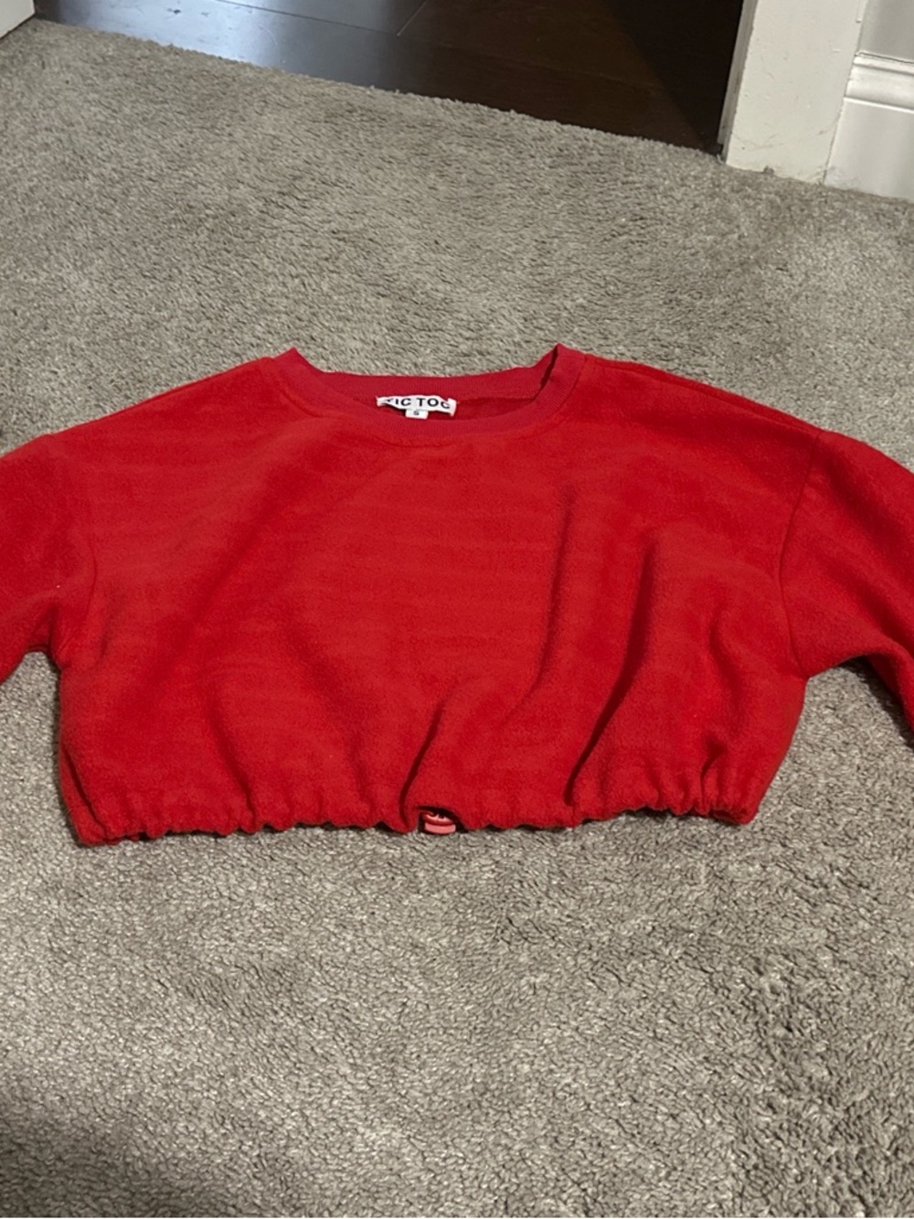Red Cropped Sweatshirt with Ribbed Hem - Picture 3 of 4